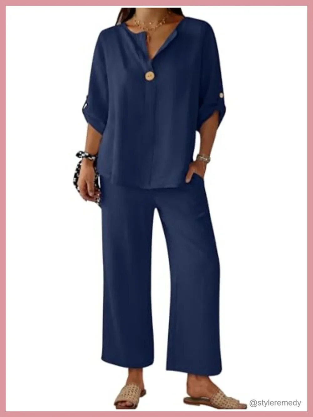 Women's 2 Piece Lounge Sets 3/4 Sleeve V Neck Shirt Wide Leg Pants Matching Set